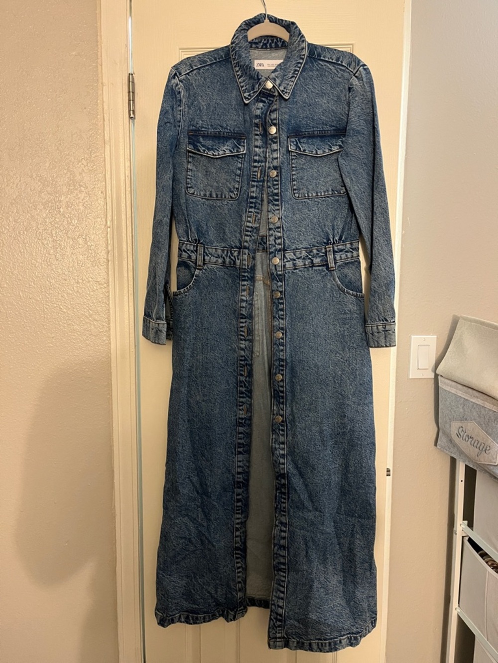 Zara Long Button-Front Denim Duster - Blue